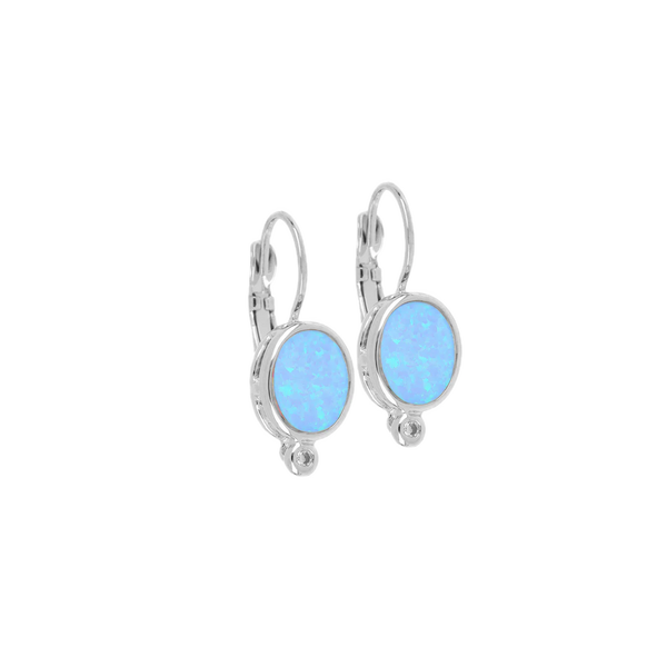 Blue Opal Oval Shape French Wire Earrings Rhodium