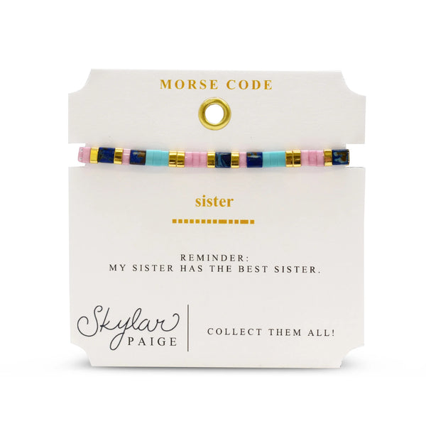 SISTER - Morse Code Tila Beaded Bracelet - Tried and True Turk Lav and Blue