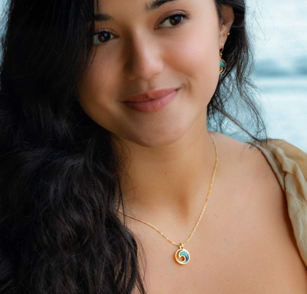 Wave Necklace - 14k Gold Vermeil - Turquoise Gradient - Adj Paper Clip Chain
