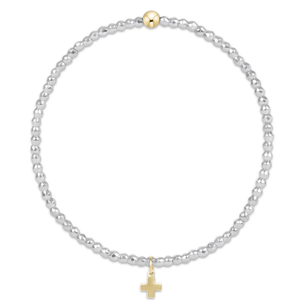 Bright Silver Faceted Hematite 2mm Bead Bracelet - Signature Cross Gold Charm