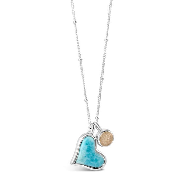 Tilted Heart Necklace Larimar and LBI Sand