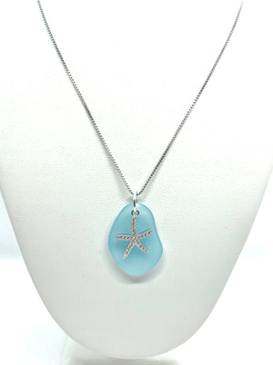 Pave Starfish Sea Glass Necklace Aqua - Jenna Jane's Jewelry